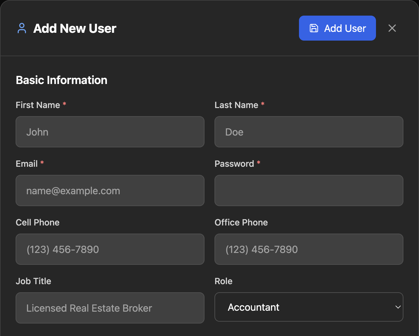 The Add New User form with First Name, Last Name, Email, Password and the Role menu set to Accountant.