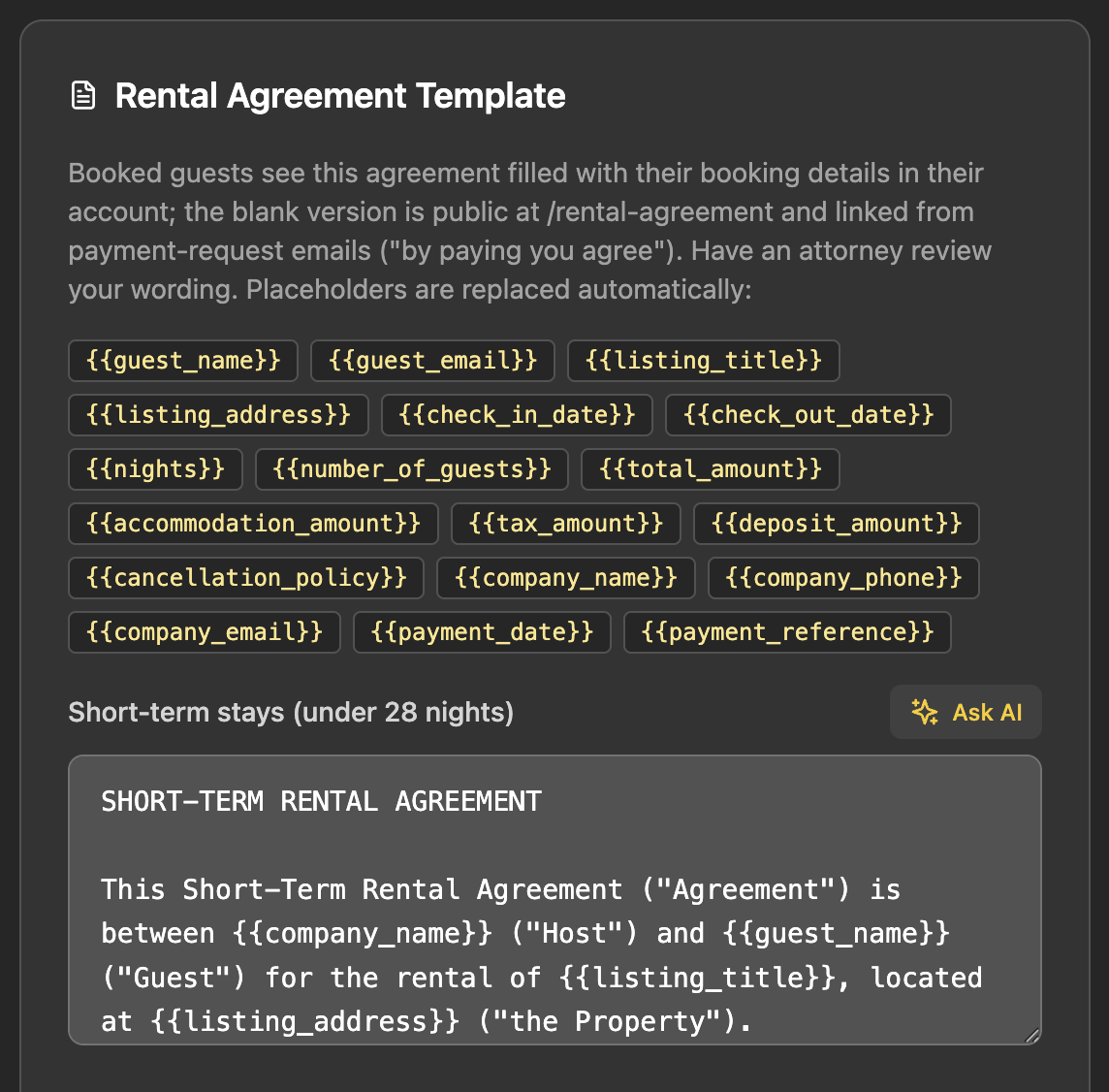 The Rental Agreement Template card with the list of placeholders and the short-term stays text box.