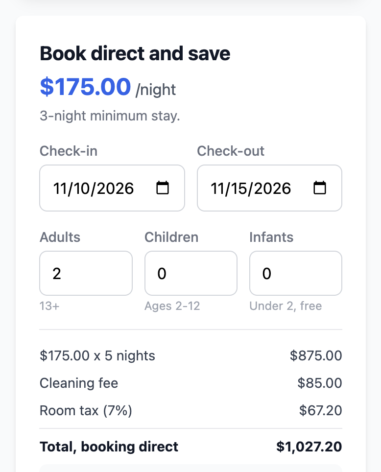 The Book direct and save card on a listing page, showing dates, guests and a quote with nightly rate, cleaning fee, room tax and total.