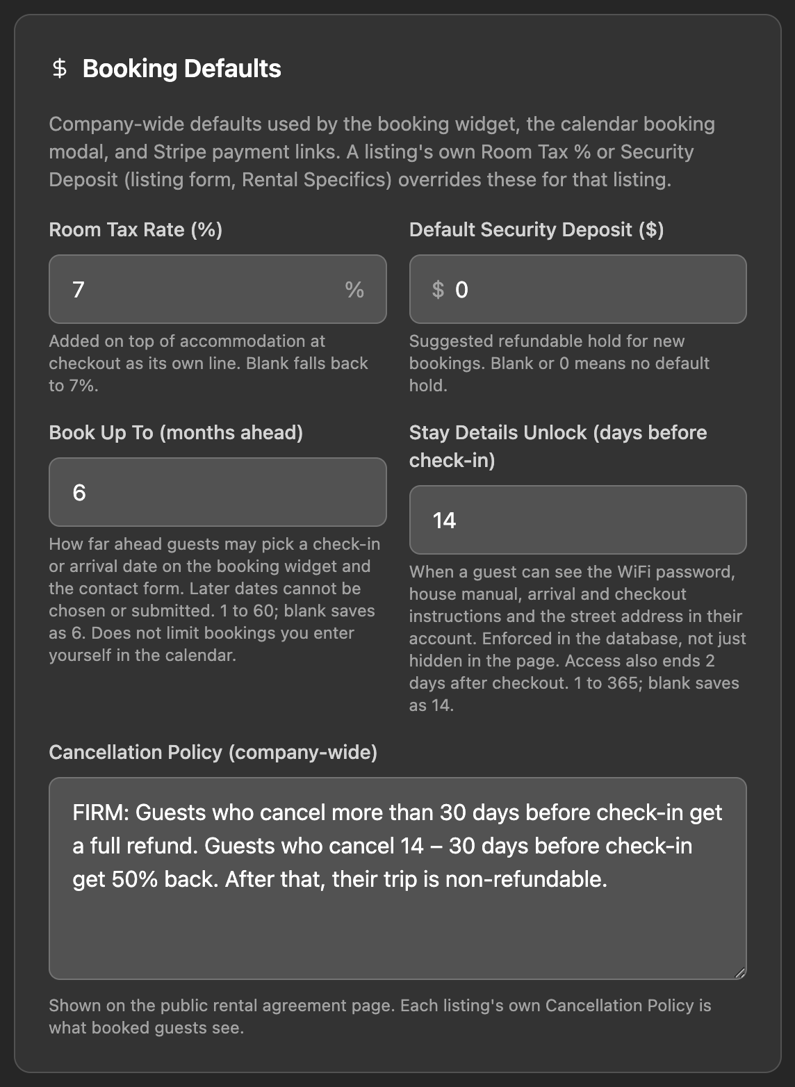 The Booking Defaults card under Admin, Company, showing Room Tax Rate, Default Security Deposit, Book Up To and Stay Details Unlock.