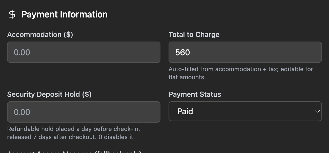 The Payment Information section of a booking: Accommodation, Total to Charge, Security Deposit Hold and Payment Status.