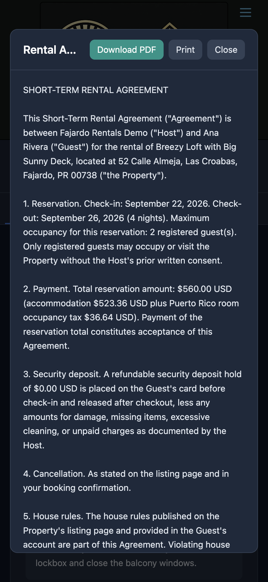 The Rental Agreement window on a phone, filled in with the guest name, property, dates, amounts and tax, with Download PDF, Print and Close buttons.