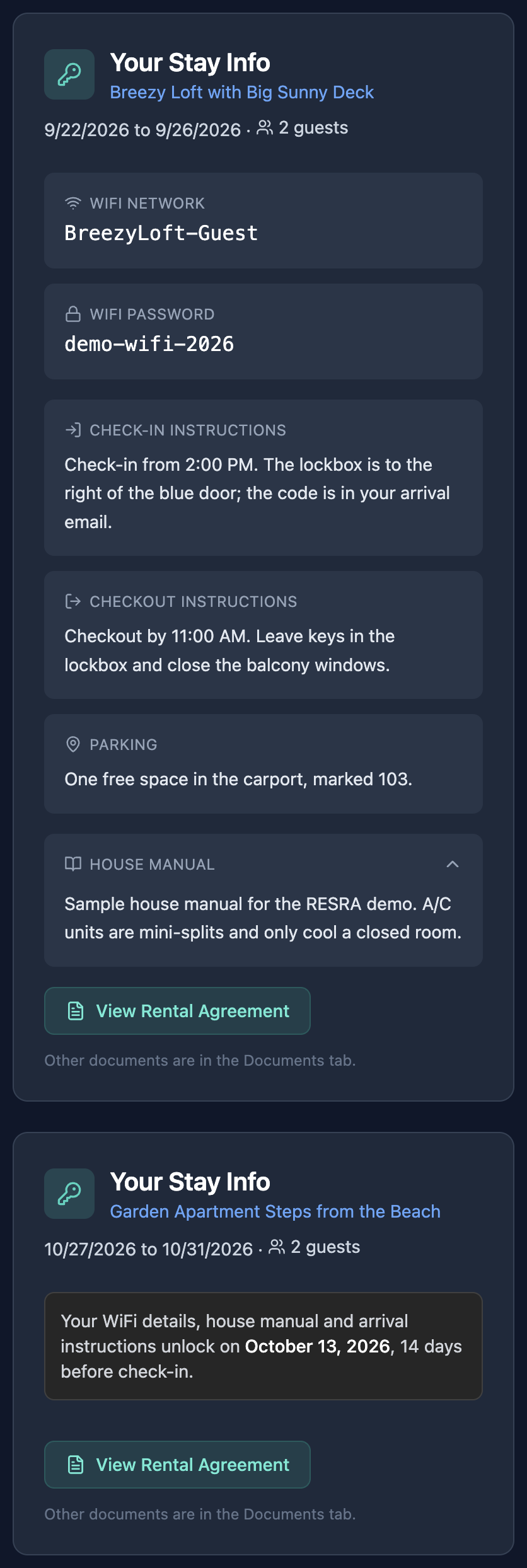 A Your Stay Info card for a later booking. In place of the details it shows the date they will become available, 14 days before check-in.