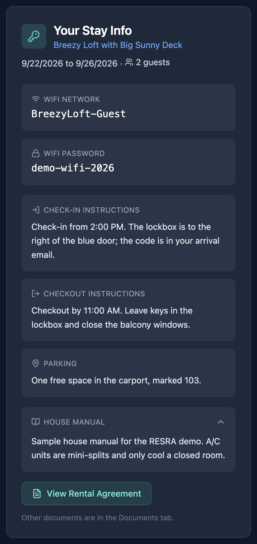 The Your Stay Info card in a guest account showing WiFi network and password, check-in and checkout instructions, parking, the house manual and a View Rental Agreement button.