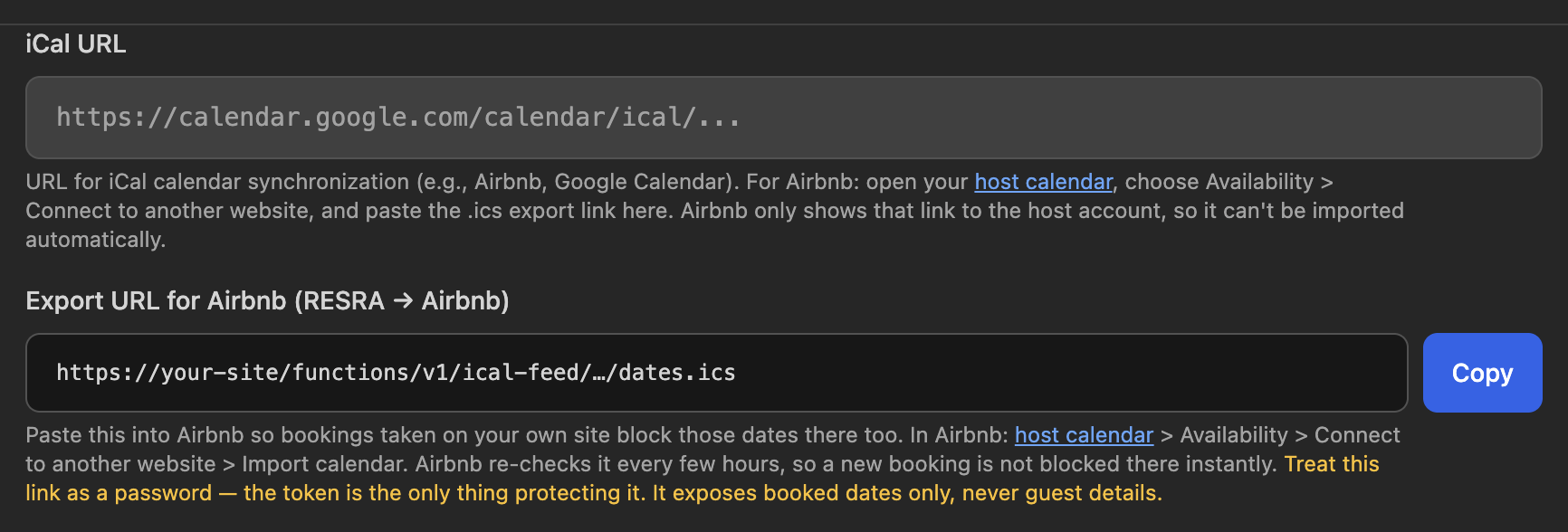 The iCal URL field and the Export URL for Airbnb field with its Copy button, in the Rental Specifics section of the listing form.