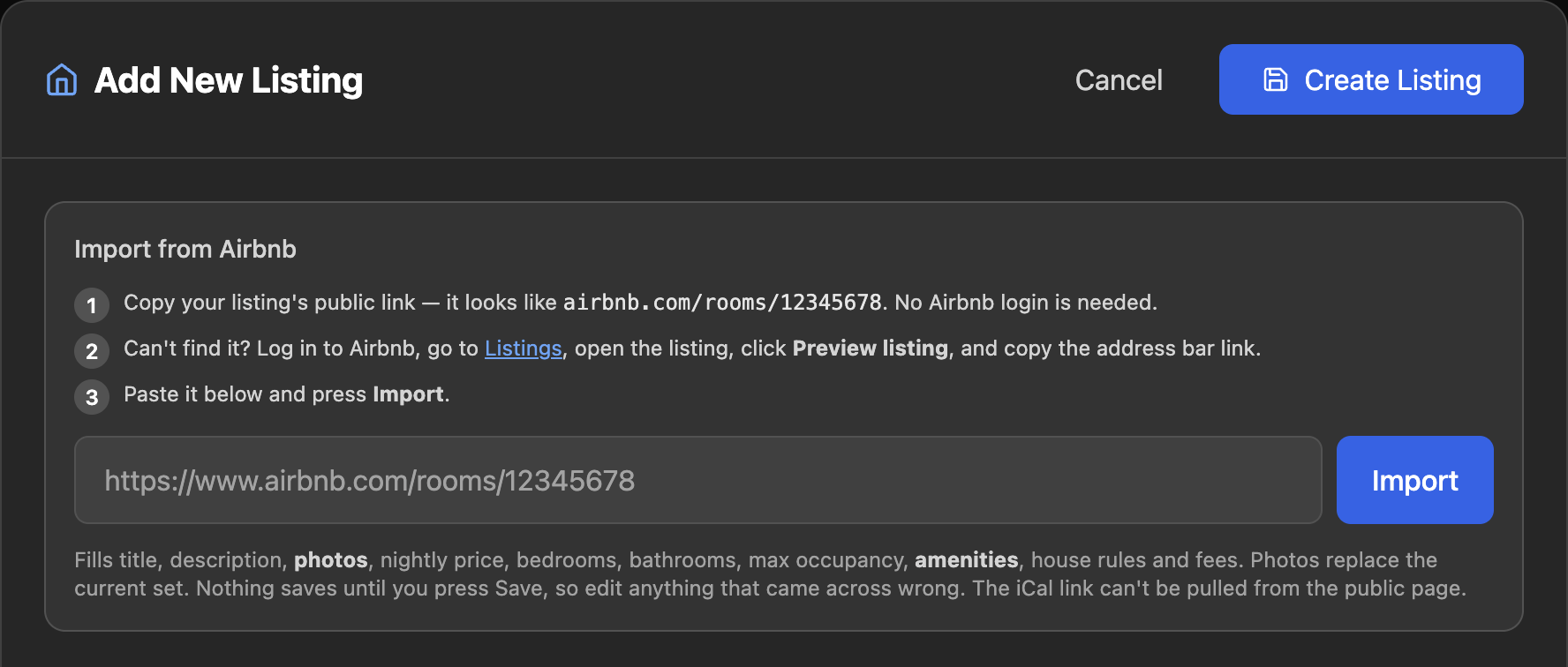 The Add New Listing form with the Import from Airbnb box at the top: three numbered steps, a field for the listing link and an Import button.